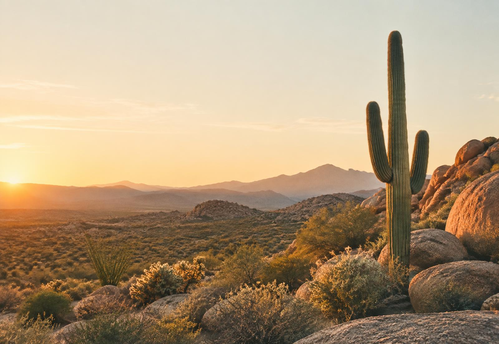 Sunset over a wide desert landscape with a saguaro cactus