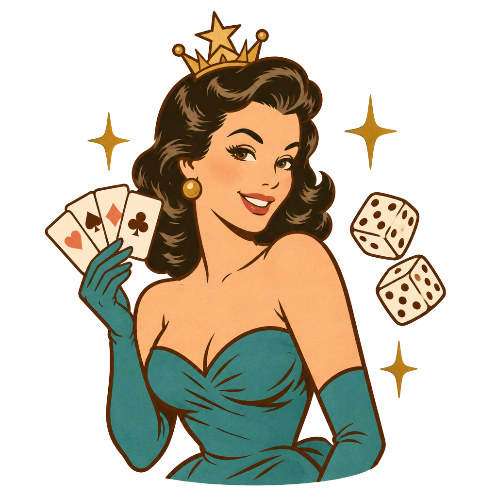 Vintage Lady Luck illustration holding playing cards, surrounded by dice and golden stars